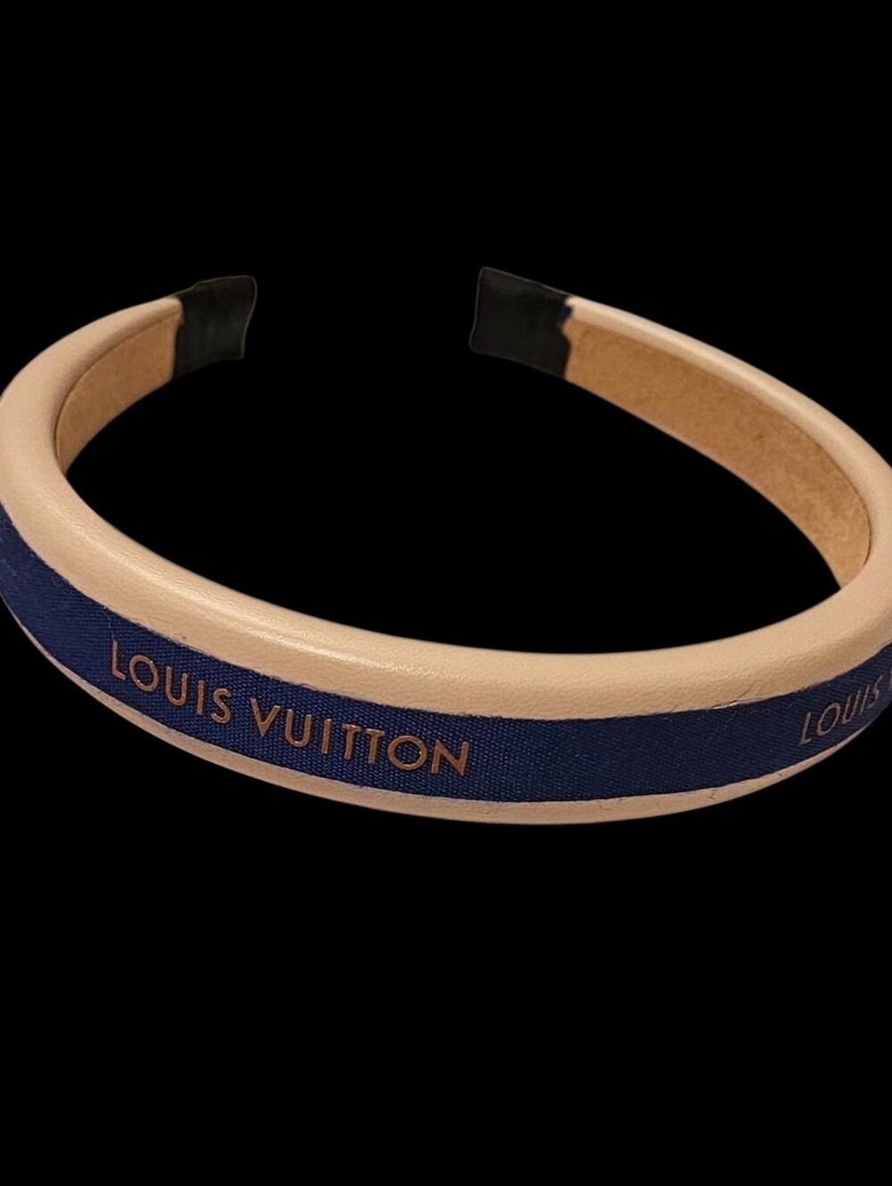 Upcycled Cream and Navy Ribbon Logo Headband